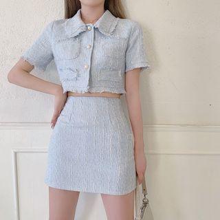 Tweed Short-sleeve Crop Top / Slim-fit Skirt