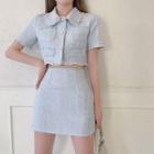 Tweed Short-sleeve Crop Top / Slim-fit Skirt