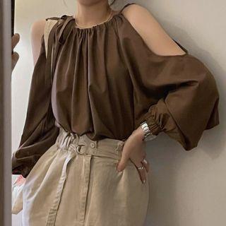 Puff-sleeve Round Neck Cold Shoulder Plain Blouse