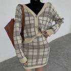 Set: Plaid Cardigan + Mini Fitted Knit Skirt As Shown In Figure - One Size