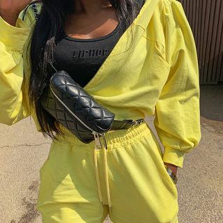 Set: Pocket-detail Cotton Hoodie + Band-waist Shorts