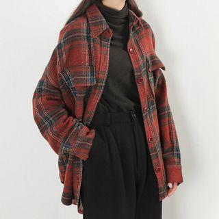 Plaid Shirt Jacket Dark Red - One Size
