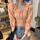 Lantern-sleeve Crop Knit Top