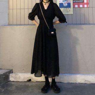 Puff-sleeve V-neck Chiffon Midi Dress