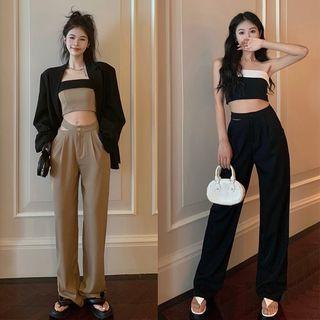 Colorblock Tube Top / Cutout-waist Straight-cut Pants