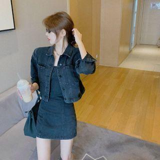 Cropped Button Denim Jacket / Spaghetti Strap Mini Denim Sheath Dress