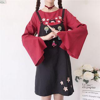 Embroidered Long-sleeve T-shirt / Applique Pinafore Dress