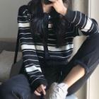 Striped Color-block Knitted Cardigan As Shown In Figure - One Size