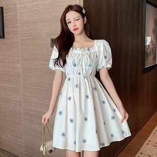 Puff-sleeve Floral Applique A-line Mini Dress