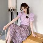 Shirred-sleeve Eyelet Lace Blouse / Floral Print Midi A-line Skirt