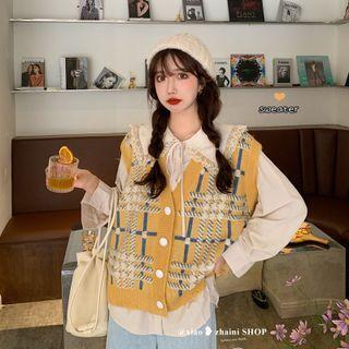 Plaid Button-up Sweater Vest / Lace Trim Blouse