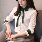 Stand-collar Bow Elbow-sleeve Chiffon Blouse