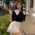 Short-sleeve Contrast Collar Top / Tiered Mini A-line Skirt