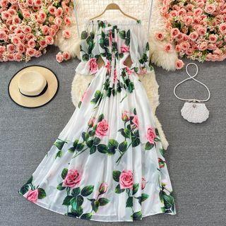 Off Shoulder Floral Print Chiffon Maxi Dress