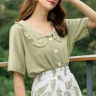 Short-sleeve Frill-trim Top Green - One Size