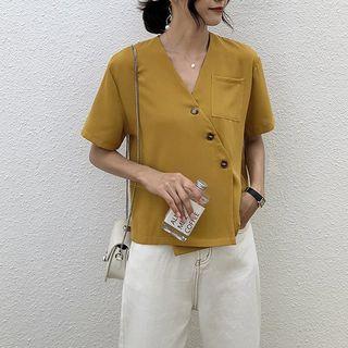 Plain Short Sleeve V-neck Top