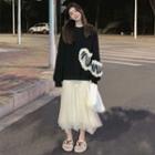 Furry Heart Sweatshirt / Mesh Midi A-line Skirt