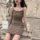 Plaid Spaghetti Strap Bodycon Dress / Short-sleeve T-shirt