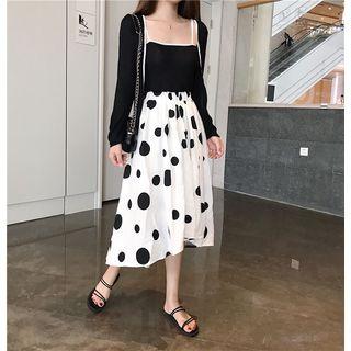 Color-block Camisole Top / Light Cardigan / Dot Skirt