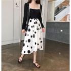 Color-block Camisole Top / Light Cardigan / Dot Skirt