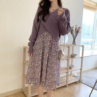Plain Cropped Sweater / Spaghetti Strap Floral Midi A-line Dress