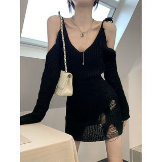 Cold-shoulder Distressed Knit Mini Sheath Dress