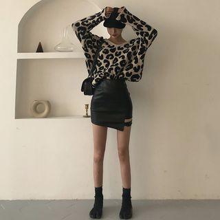 Leopard Print Sweater / Faux Leather Cut-out Mini Pencil Skirt