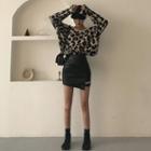 Leopard Print Sweater / Faux Leather Cut-out Mini Pencil Skirt