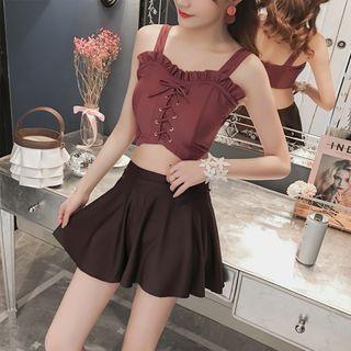 Set: Ruffle Trim Tankini Top + Swim Bottom + Swim Skirt