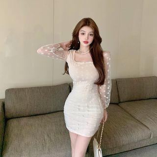 Long-sleeve Mini Sheath Dress Off-white - One Size