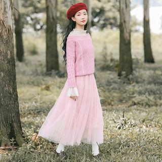 Set: Mock Two-piece Mesh Panel Sweater + Midi A-line Pleated Skirt