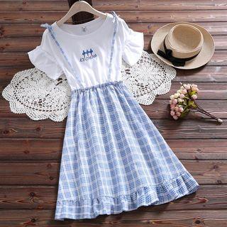 Mock Two-piece Short-sleeve Frill Trim Plaid Paneled A-line Dress