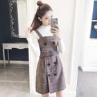 Set: Plain Long Sleeve Top + Plaid Double Breasted Pinafore Dress