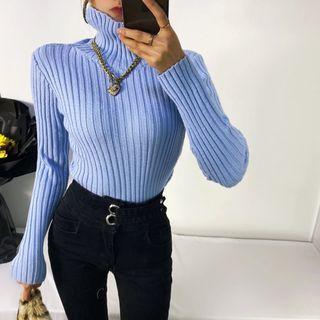 Long Sleeve Mock Neck Ribbed-knit Plain Sweater