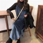 Mock Neck Long-sleeve Chiffon Top/ Spaghetti-strap Midi Dress