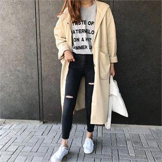 Hooded Drawstring-waist Long Jacket Beige - One Size
