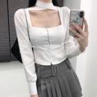 Long-sleeve Square-neck Single-breasted Tie-strap Cropped Top