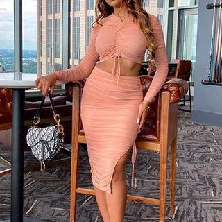 Set: Long-sleeve Drawstring Crop Top + Midi Skirt