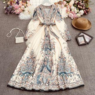 Long-sleeve Printed Midi A-line Dress Almond - One Size