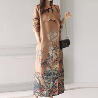Long Print Panel Tie-waist Trench Coat