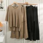 V-neck Plain Split Top With Wide Leg Pants