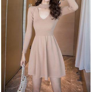 Long-sleeve Plain Knit Cut-out Mini Dress