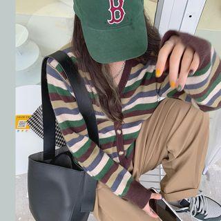 Striped Knit Cardigan Stripe - Brown & Green & White - One Size
