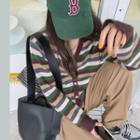 Striped Knit Cardigan Stripe - Brown & Green & White - One Size