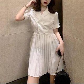 Collared Short-sleeve Pleated Mini A-line Dress