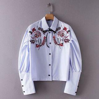 Floral Embroidered Puff-sleeve Open-front Striped Blouse
