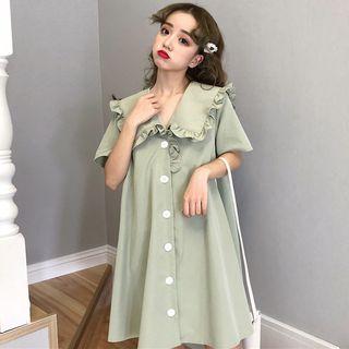 Ruffle Trim Peter-pan-collar Short-sleeve Dress Green - One Size