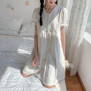 V-neck Puff-sleeve Pleated Dress