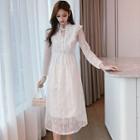 Long-sleeve Bow-accent Panel Lace A-line Dress