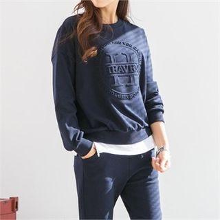 Set: Lettering-embossed Sweatshirt + Tapered Sweatpants